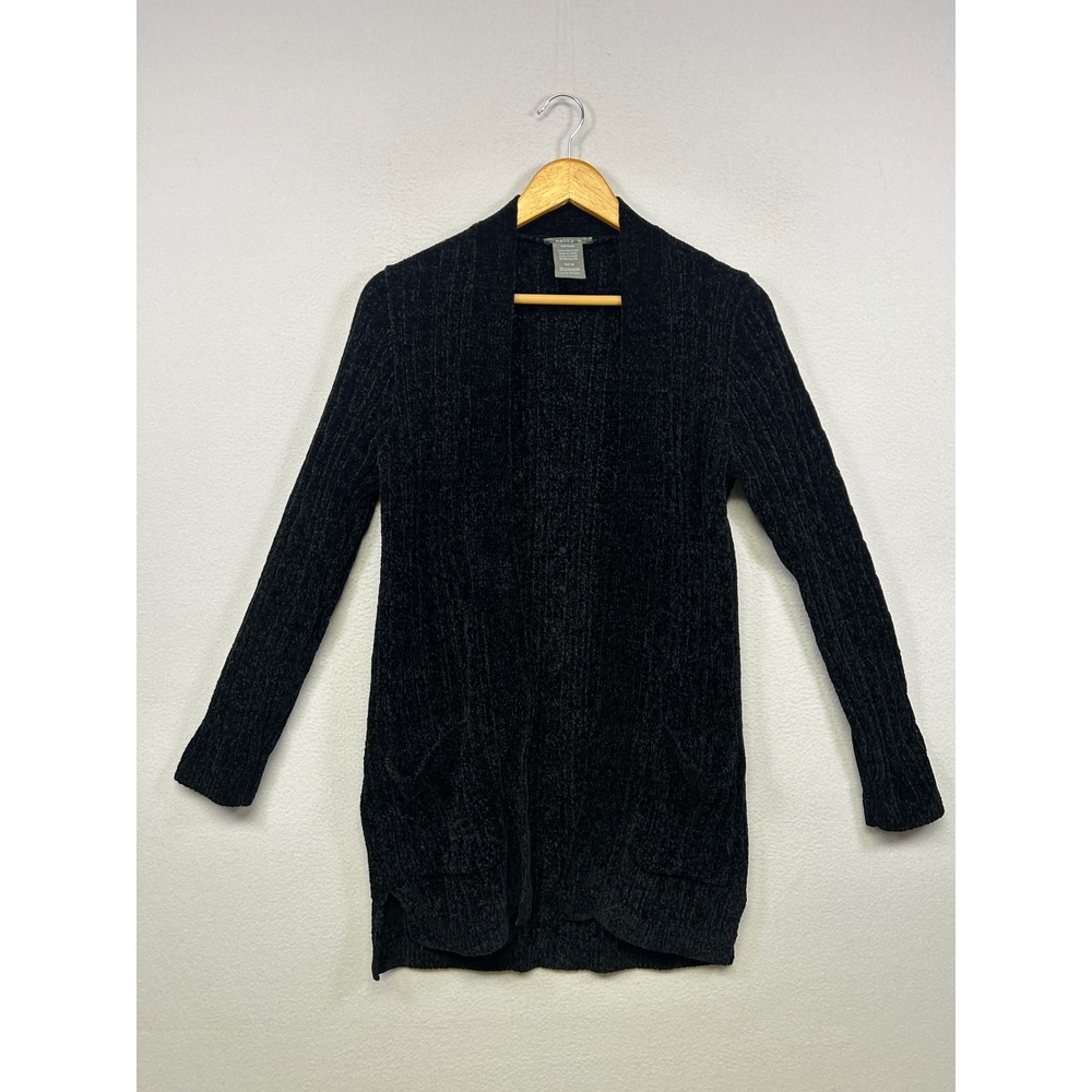 Matty M Cozy Chenille Ribbed Open Front Women Size M Black Longline Cardigan